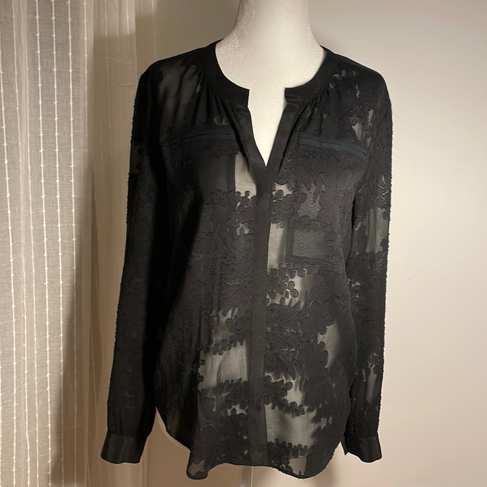 REBECCA TAYLOR Long Sleeve Semi Sheer Floral Pattern Blouse w Mandarin Collar